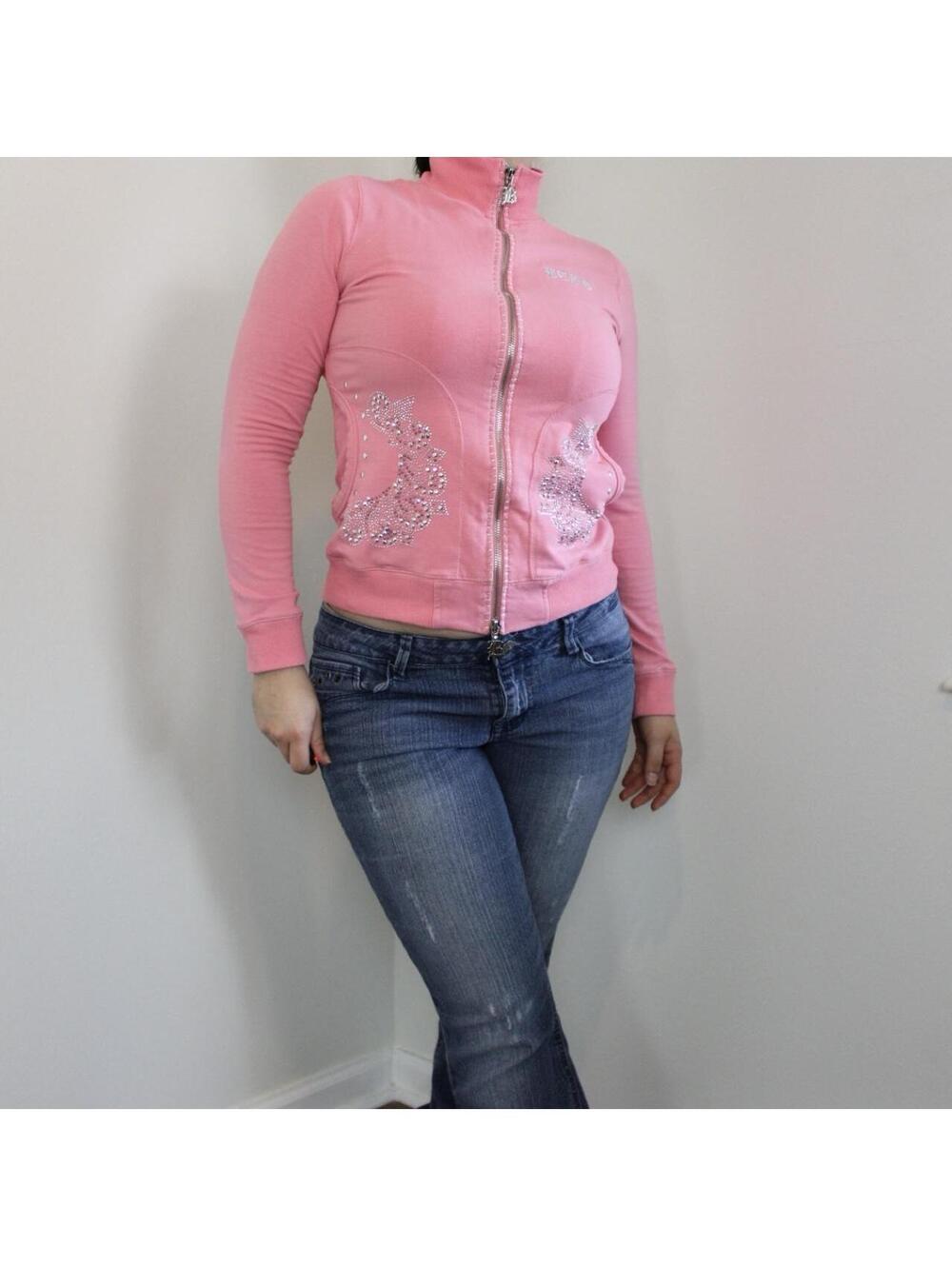 Y2K BCBG Maxazaria Women's Pink Bling Zip Up Hoodie Jacket Size Small